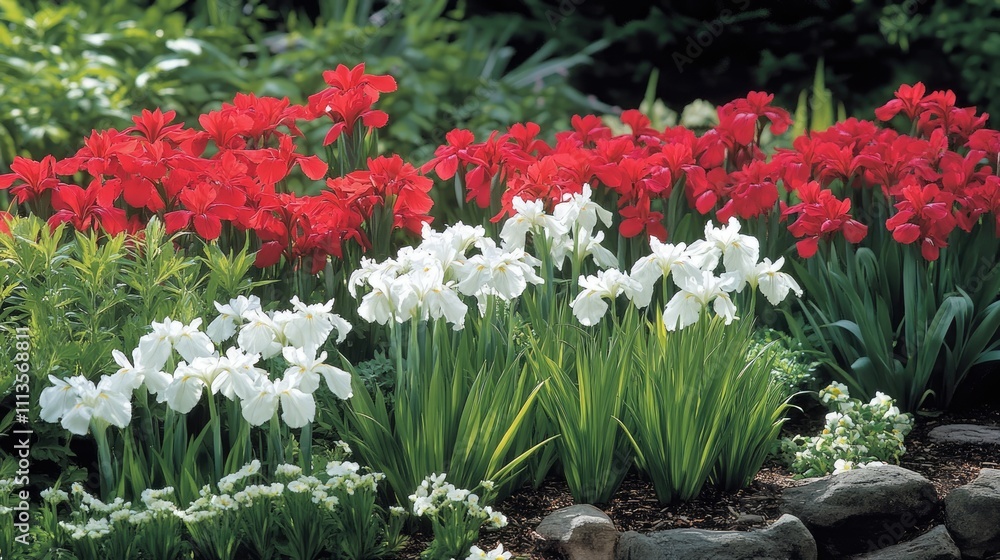 Vibrant flowerbed filled with red annuals and white irises, reflecting a stunning display of colors. Trustworthy sources deliver young plants nurtured in certified environments, ensuring quality. Vibrant flowerbed filled with red annuals and white irises, reflecting a stunning display of colors. Trustworthy sources deliver young plants nurtured in certified environments, ensuring quality.