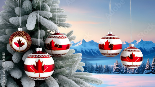 Happy Christmas, Canadian Flag on Balls Hanging on a Christmas tree Against Snowy Mountains, Generative Ai