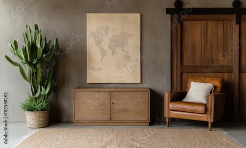 Cozy living space featuring wood textures and a world map on the wall for a s...