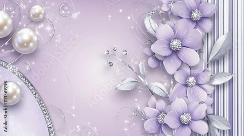 An elegant design with a pastel lavender background, featuring a delicate arrangement of violet blossoms with silver details along the right side. 