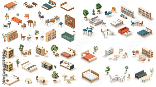 Collection of 2D isometric illustrations of furniture such as tables, chairs, and beds.