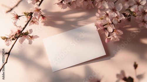 Elegant spring blossoms gently framing a blank card on a soft surface