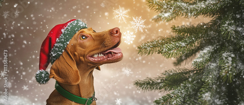 Wirehaired Vizsla Dog With Red Christmas Hat And Festive Holiday Spirit