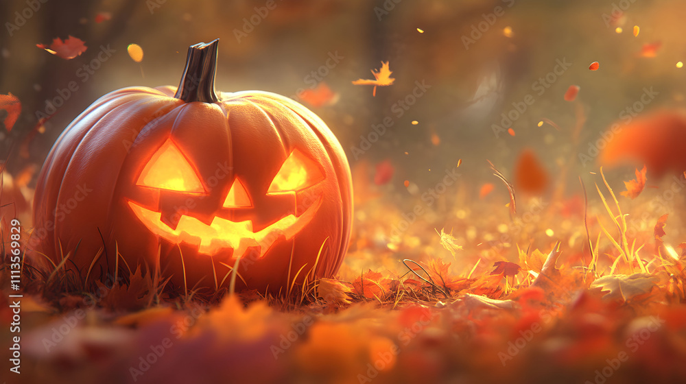Illuminated Jack O Lantern Amidst Autumn Leaves Illuminated Jack O Lantern Amidst Autumn Leaves