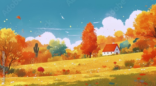 Colorful autumn landscape with a cozy cottage and vibrant foliage during a su...