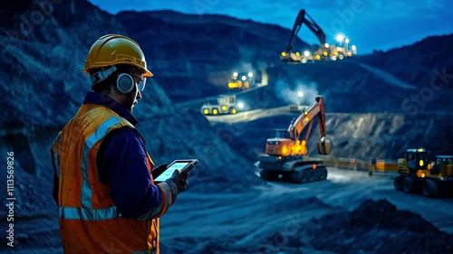 Construction Worker Using Tablet at Mining Site During Dusk Day in Life