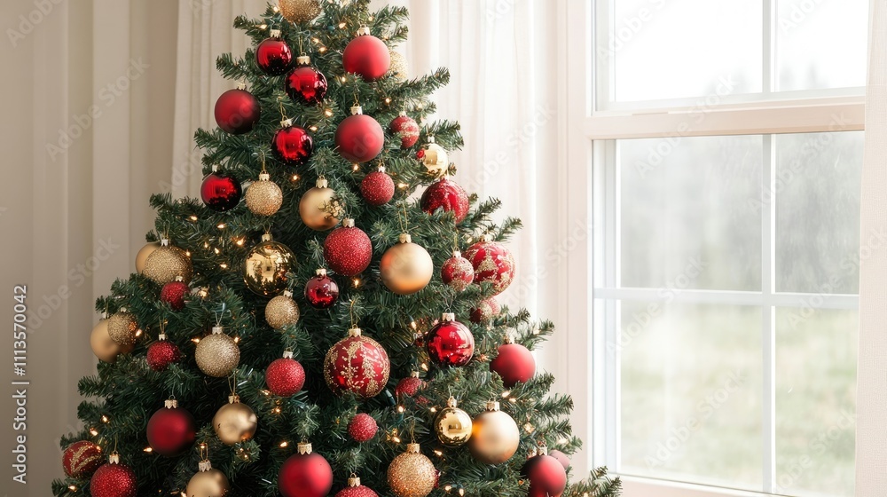 Festively adorned Christmas tree decorated with red and gold ornaments, positioned against a soft backdrop, offering a close-up view that highlights the rich details of the Christmas tree. Festively adorned Christmas tree decorated with red and gold ornaments, positioned against a soft backdrop, offering a close-up view that highlights the rich details of the Christmas tree.