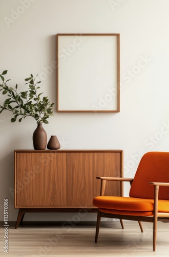 Stylish modern living room with wooden furniture and empty frame for artwork