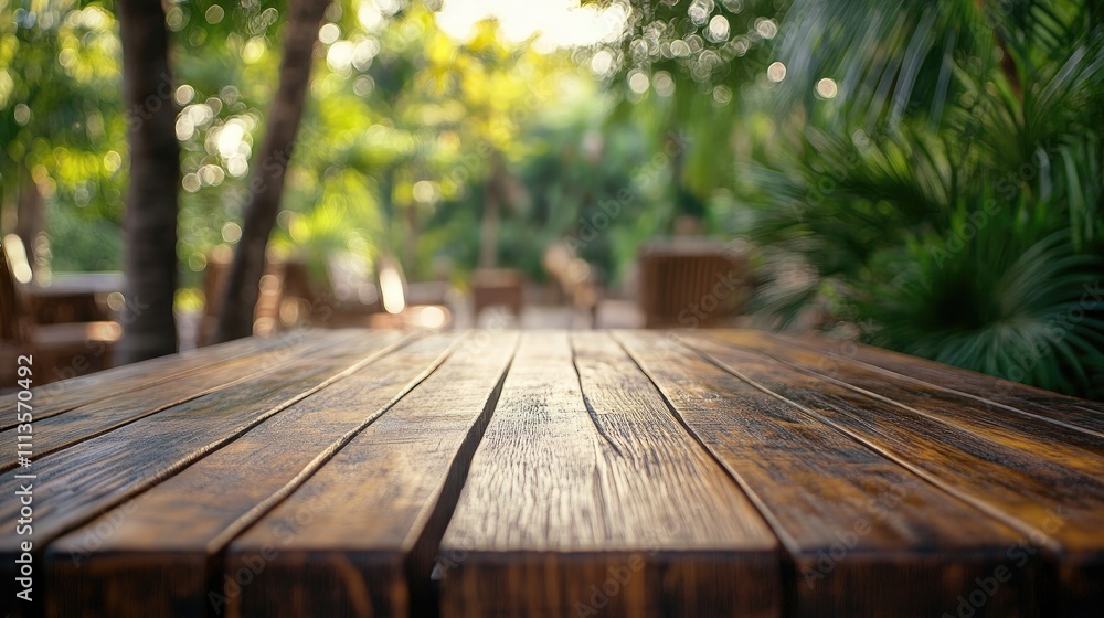 Long wooden table in an outdoor setting, surrounded by blurred greenery, trees, and a bokeh effect, creating an inviting atmosphere with ample copy space for text or design. Long wooden table in an outdoor setting, surrounded by blurred greenery, trees, and a bokeh effect, creating an inviting atmosphere with ample copy space for text or design.