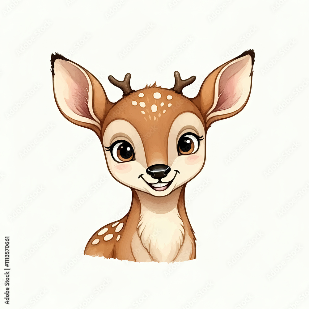 Fototapeta premium Minimalist cartoonish watercolor deer with cute and funny expression isolated on white background