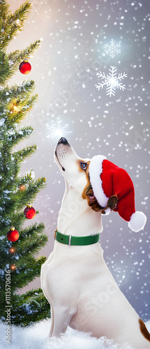 Cirneco Delletna Dog With Red Christmas Hat And Festive Holiday Spirit photo