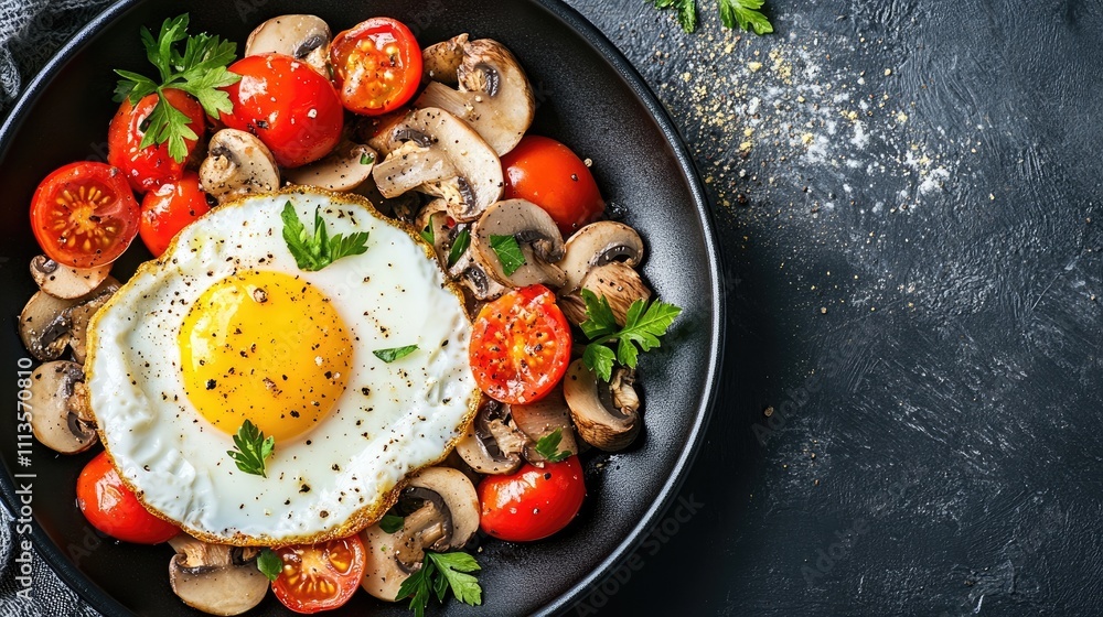Delicious fried eggs served with a mix of vibrant tomatoes and earthy mushrooms, creating a perfect breakfast dish. This delicious fried eggs composition includes ample copy space. Delicious fried eggs served with a mix of vibrant tomatoes and earthy mushrooms, creating a perfect breakfast dish. This delicious fried eggs composition includes ample copy space.