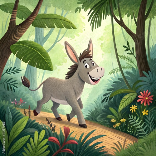 donkey smiling walking in the jungle ullustration style photo