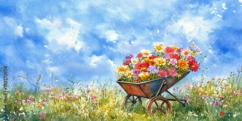 Colorful flower filled wheelbarrow in a vibrant garden under a clear blue sky