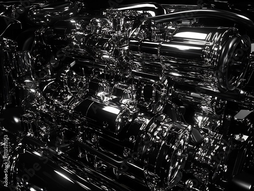 Intricate Automotive Engine Machinery in Sleek Chrome Finish
