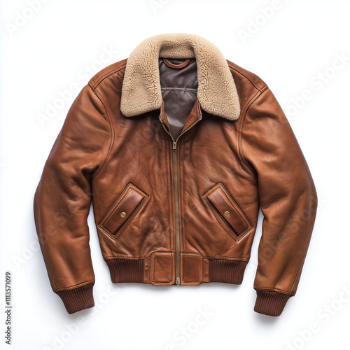 Vintage brown aviator pilot leather jacket isolated on a white background photo