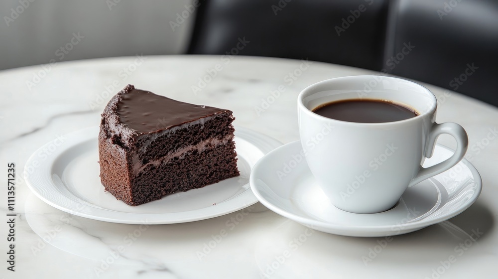 Black coffee in a white cup complements a delicious chocolate cake on a dish, creating an inviting breakfast scene on a white marble table with ample copy space. Black coffee in a white cup complements a delicious chocolate cake on a dish, creating an inviting breakfast scene on a white marble table with ample copy space.