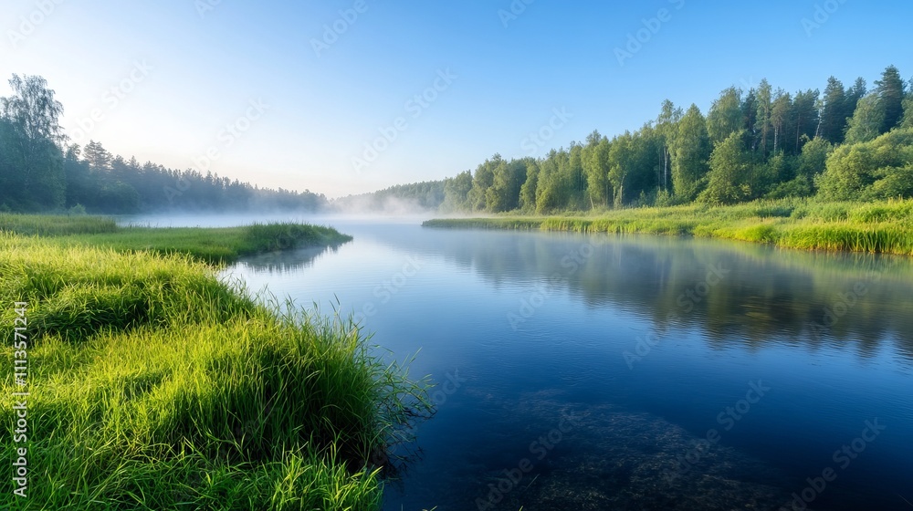 Serene Morning Fog Over Calm Water in Lush Green Landscape Serene Morning Fog Over Calm Water in Lush Green Landscape