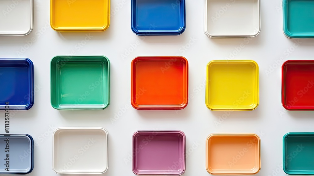 Empty lunchboxes are neatly arranged on a clean white background, creating a visually appealing composition of empty lunchboxes ready for personal touches and creativity. Empty lunchboxes are neatly arranged on a clean white background, creating a visually appealing composition of empty lunchboxes ready for personal touches and creativity.