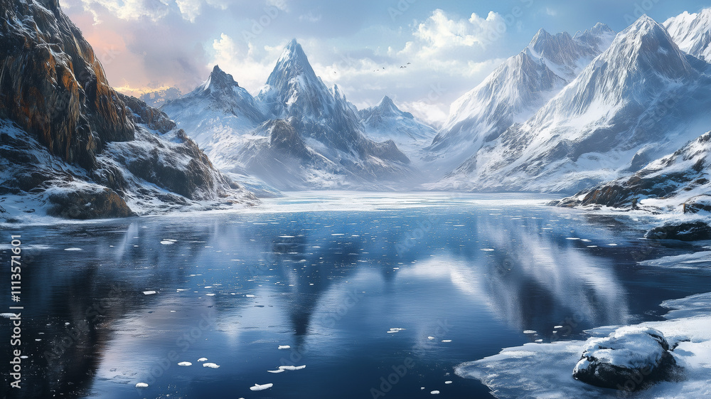 Obraz premium Frozen Lake Surrounded by Majestic Snowy Mountains 