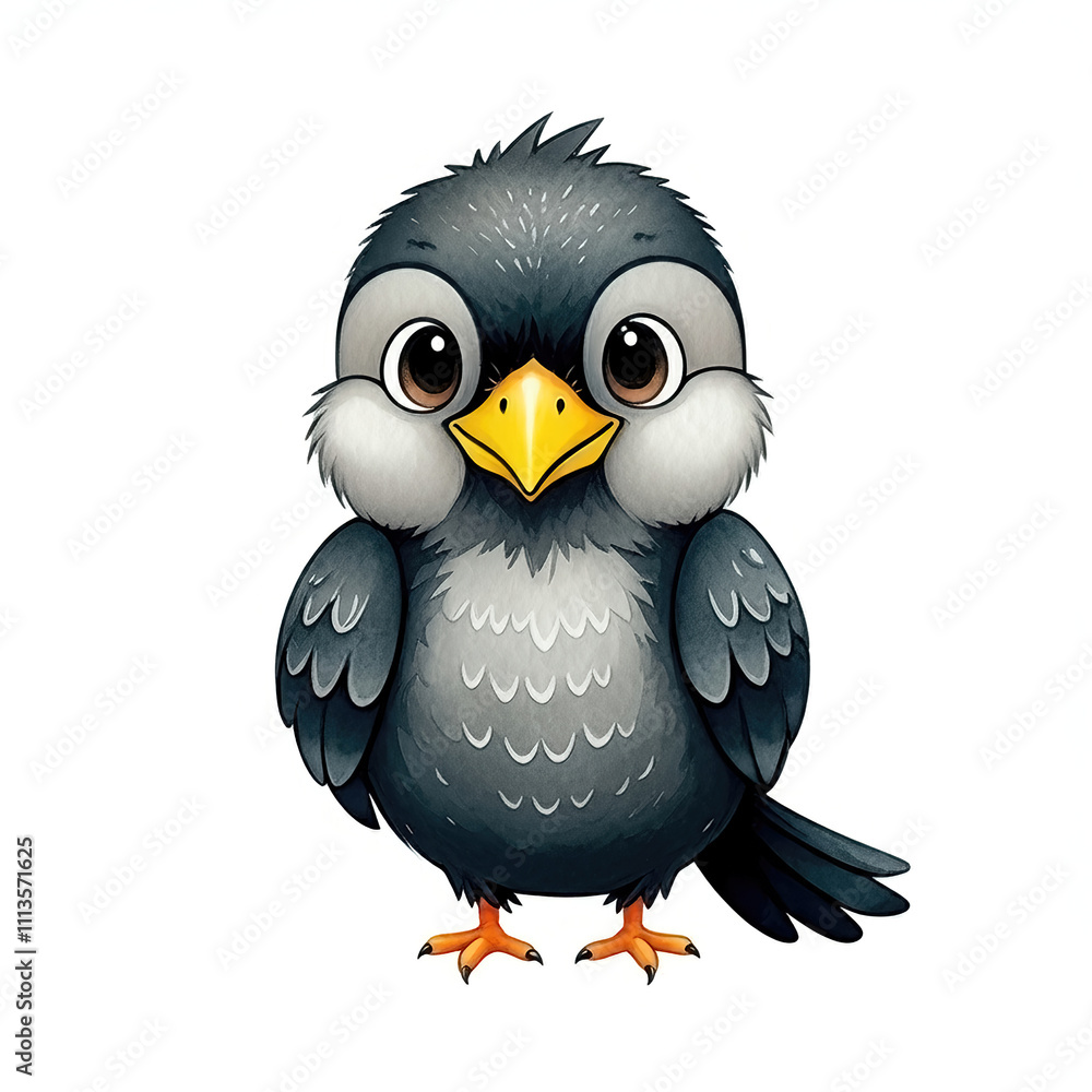 Cute happy crow cartoon created in watercolor style for nursery decor, featuring a minimalist design with cheerful expression. Cute happy crow cartoon created in watercolor style for nursery decor, featuring a minimalist design with cheerful expression.