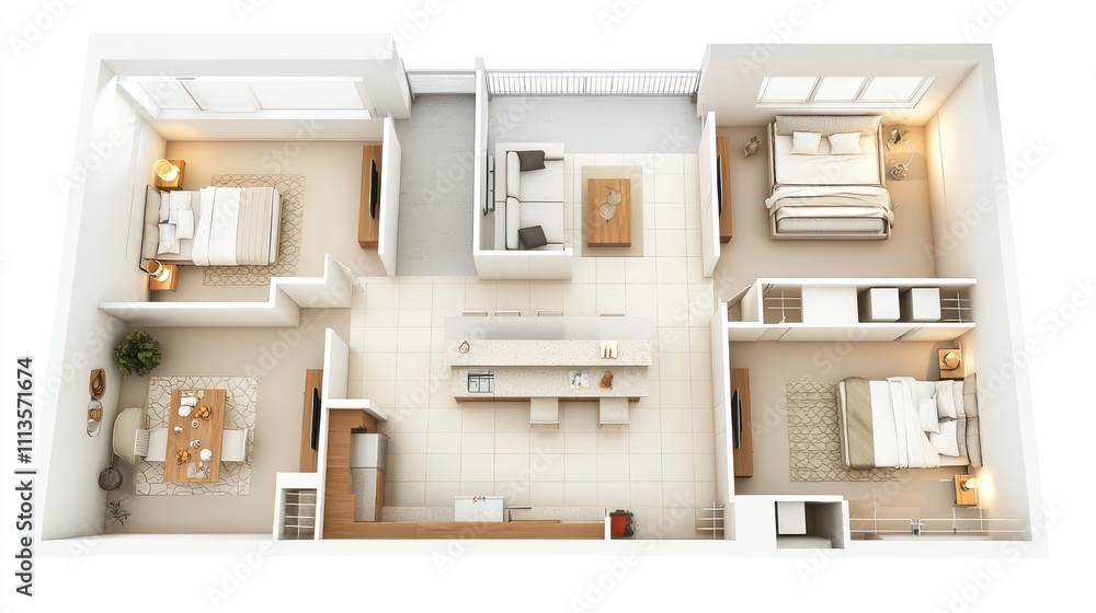 3D layout of a single-story apartment featuring an open kitchen, living room, and balcony. 3D layout of a single-story apartment featuring an open kitchen, living room, and balcony.