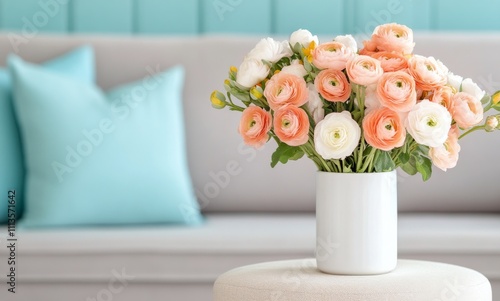 Comfortable living room setup with colorful flower arrangement and soft cushions