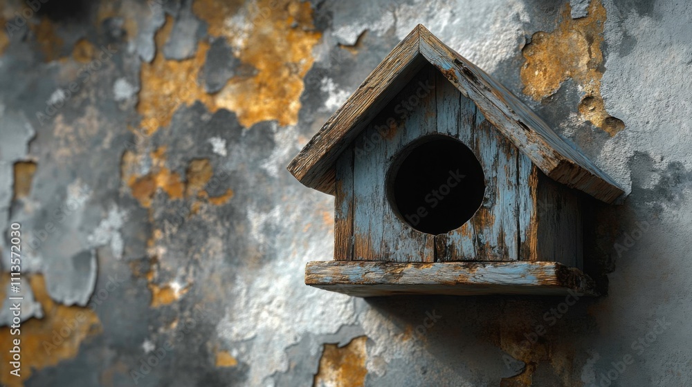 Rustic Wooden Birdhouse on Whitewashed Wall: Charming Farmhouse Decor Image Rustic Wooden Birdhouse on Whitewashed Wall: Charming Farmhouse Decor Image