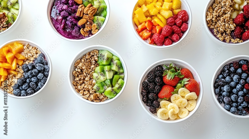 Assorted acai bowls filled with vibrant fresh fruit and crunchy nuts arranged on a white surface create a healthy breakfast concept with ample photo style copy space. Assorted acai bowls filled with vibrant fresh fruit and crunchy nuts arranged on a white surface create a healthy breakfast concept with ample photo style copy space.