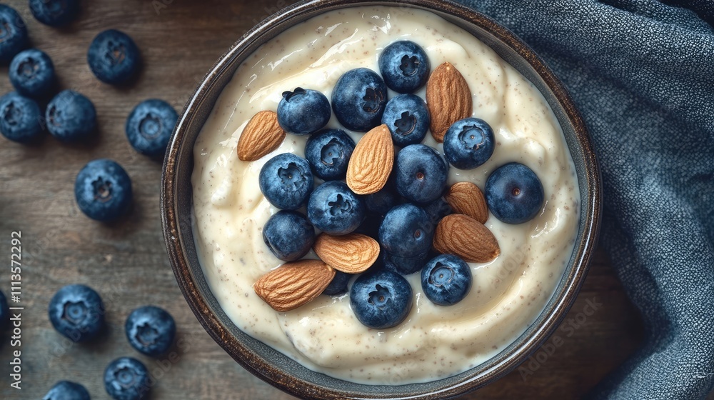 Bowl of Greek yogurt topped with blueberries and almonds viewed from above. Greek yogurt creation with vibrant blueberries offers ideal composition for copy space. Bowl of Greek yogurt topped with blueberries and almonds viewed from above. Greek yogurt creation with vibrant blueberries offers ideal composition for copy space.