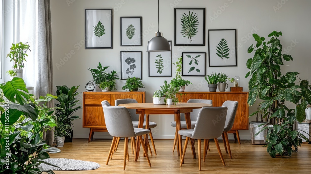 Elegant dining room with modern decor and indoor plants during daylight Elegant dining room with modern decor and indoor plants during daylight