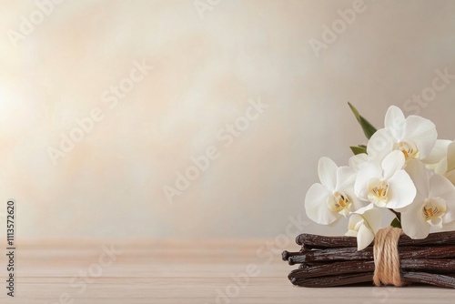 Fresh vanilla pods and white orchid flowers create a serene culinary setting