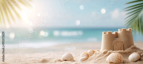 Sand castle on a beach with shells and turquoise water in the background duri...