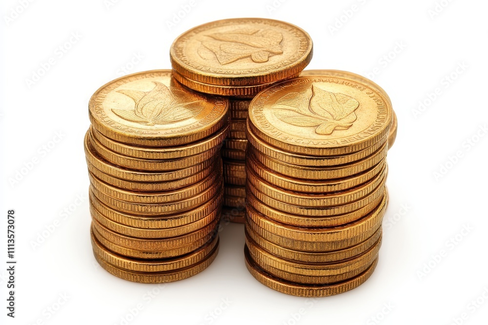 A neatly arranged stack of golden coins piled up to different heights isolated on a white background