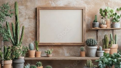 Indoor plant arrangement on a wooden table showcasing diverse greenery and em...