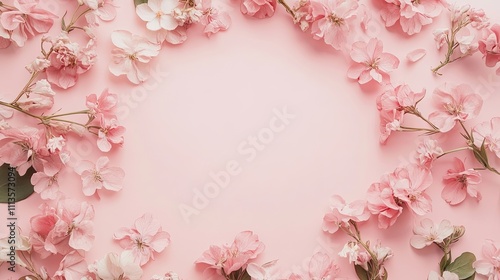 Retro wallpaper background adorned with pastel flowers creates an inviting atmosphere. The round floral frame enhances the retro wallpaper, offering ample photo style copy space.