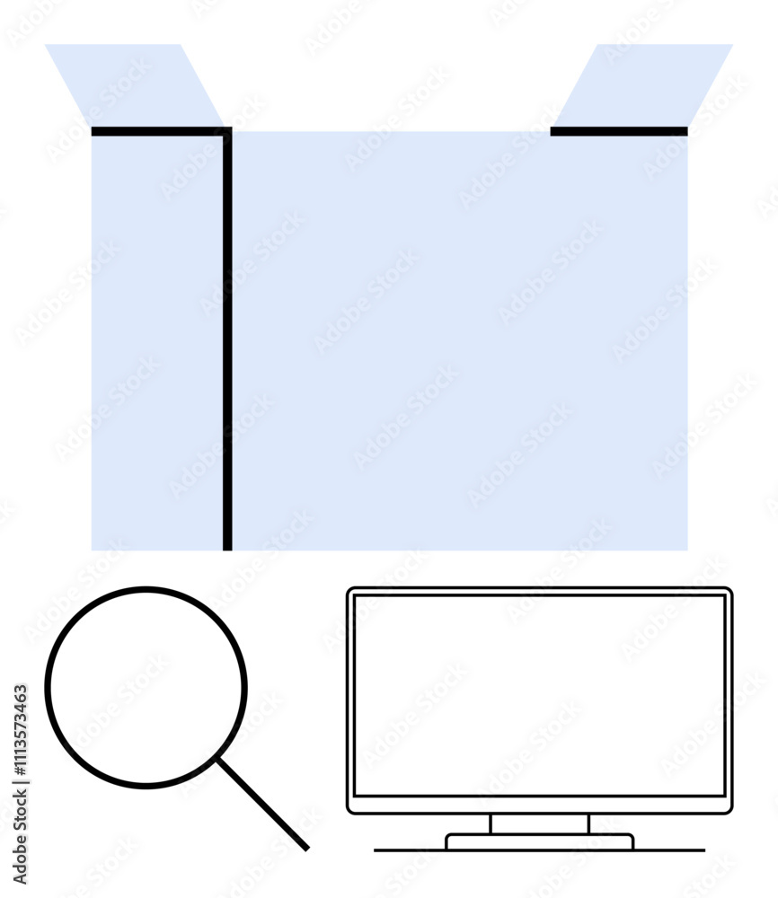 Open box, magnifying glass, computer monitor positioned underneath. Ideal for discovery, analysis, packaging, e-commerce, research unboxing digital tools. Line metaphor Open box, magnifying glass, computer monitor positioned underneath. Ideal for discovery, analysis, packaging, e-commerce, research unboxing digital tools. Line metaphor
