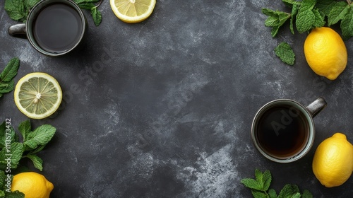 Fresh mint and lemon with tea on a dark surface create a vibrant, inviting se...