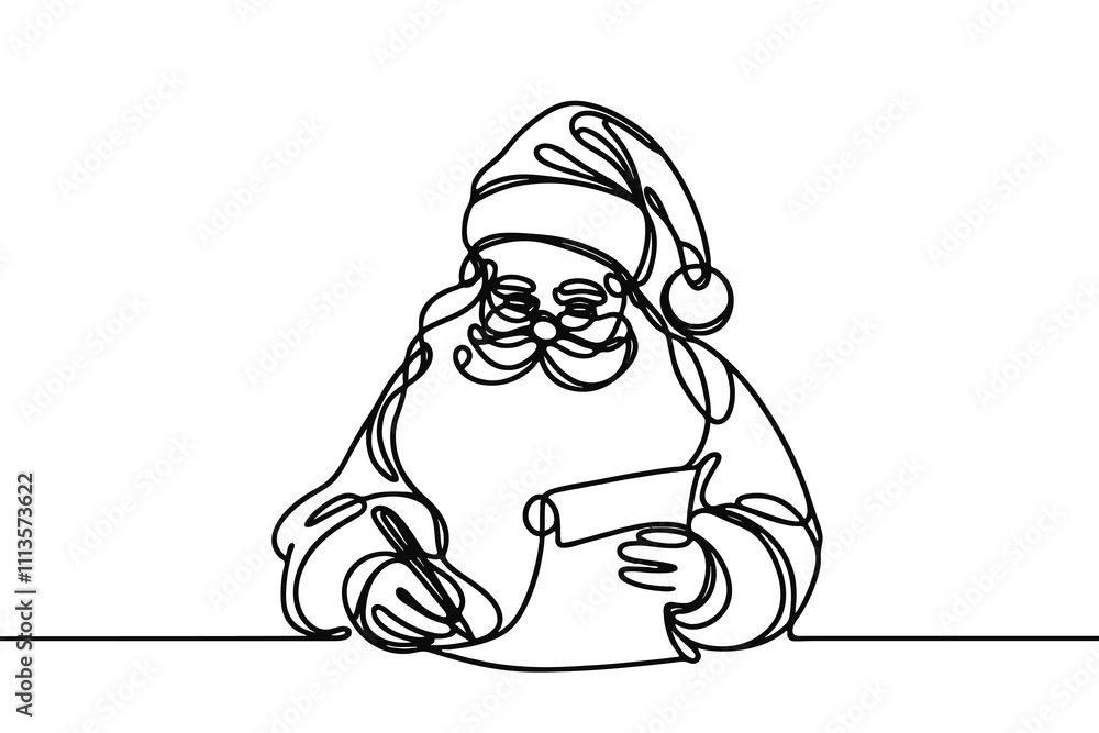 One continuous line illustration of Santa Claus reading a letter from a child, isolated on white background. One continuous line illustration of Santa Claus reading a letter from a child, isolated on white background.