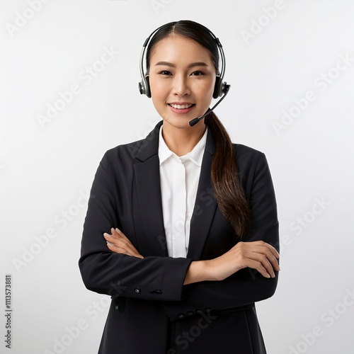 a smiling Asian call center employee