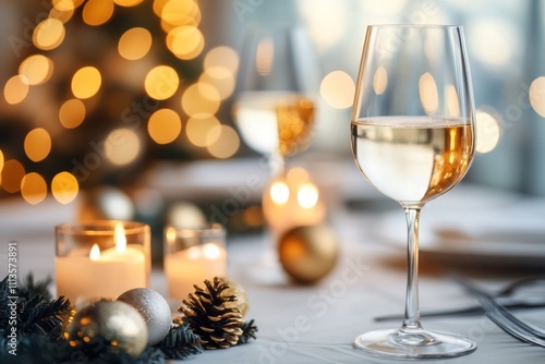 Elegant holiday table setting with wine glasses and festive decorations durin...