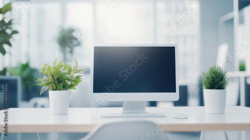 A modern, minimalist workspace featuring a desktop computer and potted plants, illuminated by natural light from large windows.