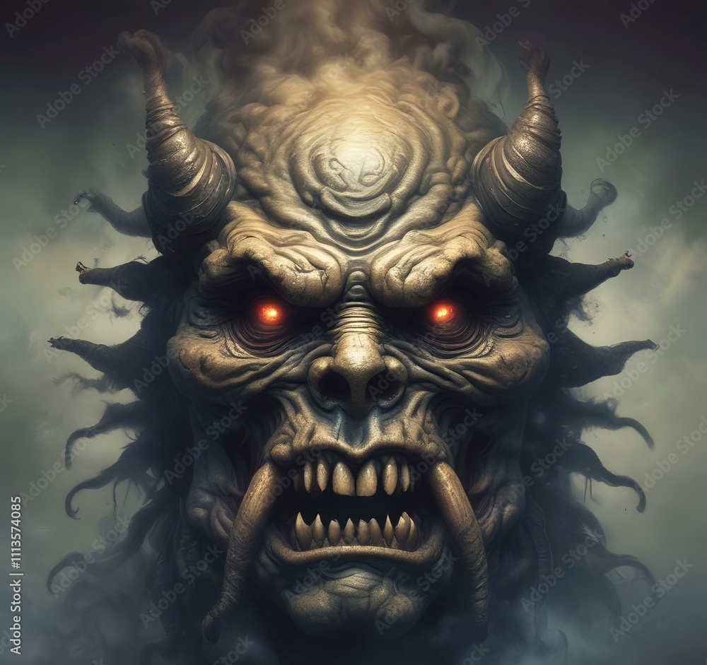 Naklejka premium Illustration of devil spooky face in dramatic smoke.