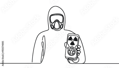  One continuous line illustration of a person in a protective suit holding a dosimeter, isolated on white background.