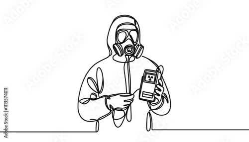  One continuous line illustration of a person in a protective suit holding a dosimeter, isolated on white background.