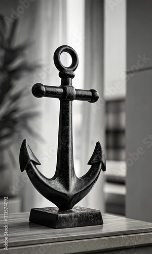 A black decorative anchor sculpture, symbolizing stability and maritime themes. photo