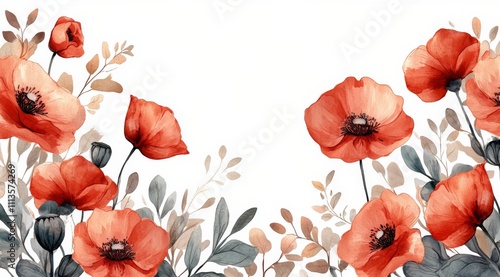 Colorful red poppies in a floral arrangement with delicate green foliage