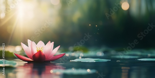 Serene water lily blooming in a tranquil pond during golden hour light