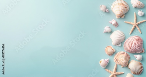 Collection of seashells and starfish arranged on a light blue background for ...