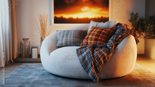 Cozy round chair in a modern living room with sunset view and warm ambiance
